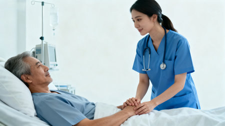 Nurse caring for elderly patient in hospitalの素材