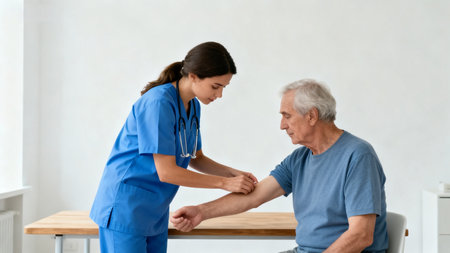 Healthcare professional assisting elderly patientの素材