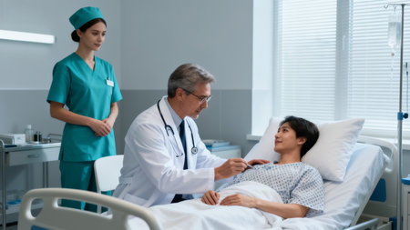 Doctor and nurse attending to patient in hospitalの素材