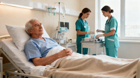 Elderly patient in hospital bed with nursesの素材
