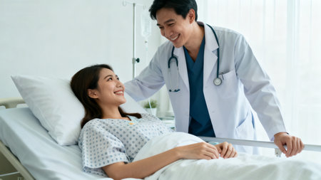 Doctor and patient in hospital bedの素材