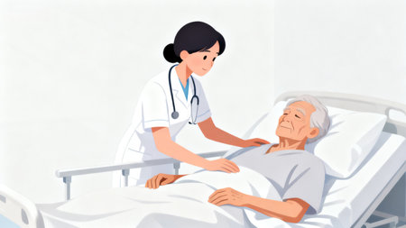 Nurse caring for elderly patient in bedの素材