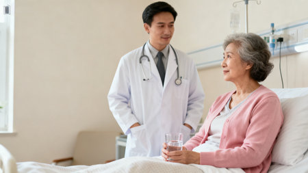 Doctor consulting elderly patient in hospitalの素材