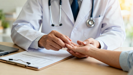 Doctor examining patients handの素材