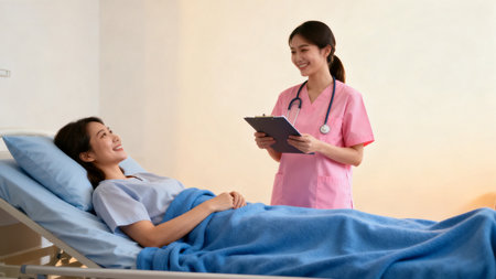 Nurse with patient in hospital roomの素材