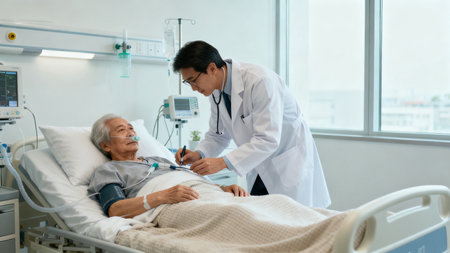 Doctor examining elderly patient in hospitalの素材