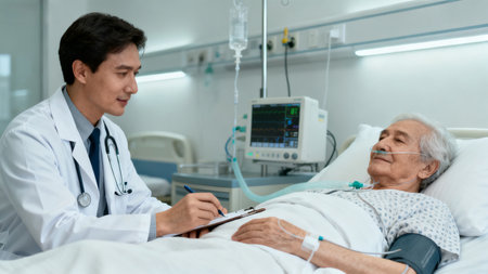 Doctor attending elderly patient in hospitalの素材