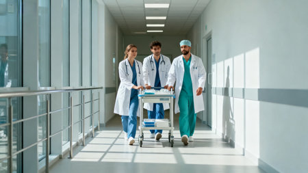 Medical staff in hospital corridorの素材