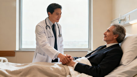 Doctor holding patient hand in hospital roomの素材