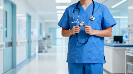Doctor in blue scrubs holding stethoscopeの素材