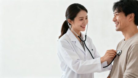 Doctor examining patient with stethoscopeの素材