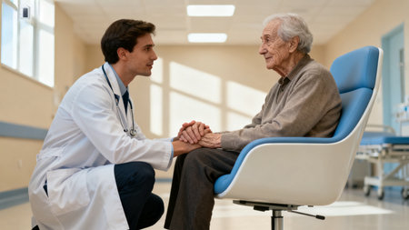 Doctor holding hands with elderly patientの素材