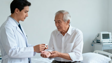 Doctor assisting elderly patient with medicationの素材