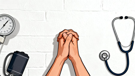 Hands medical tools on white wallの素材