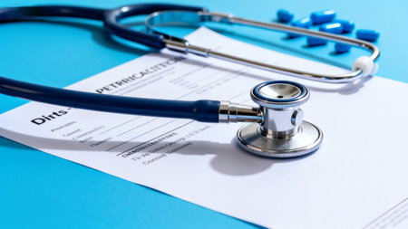 Medical stethoscope and pills on prescriptionの素材
