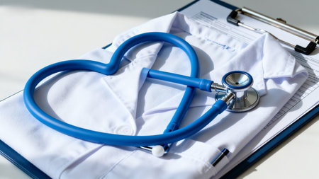 Blue stethoscope shaped as heart on white coatの素材