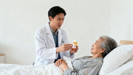 Doctor assisting elderly patient with medicationの素材