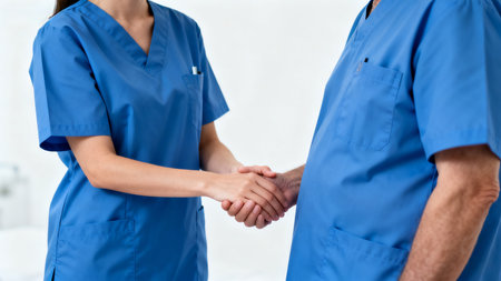 Two medical professionals shaking handsの素材