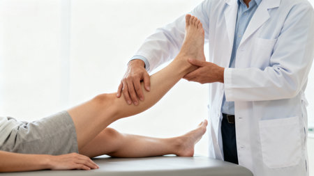 Doctor examining patient leg in clinicの素材