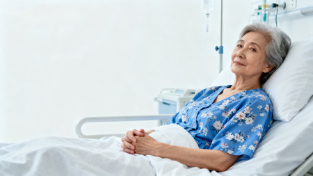 Elderly woman resting in hospital bedの素材