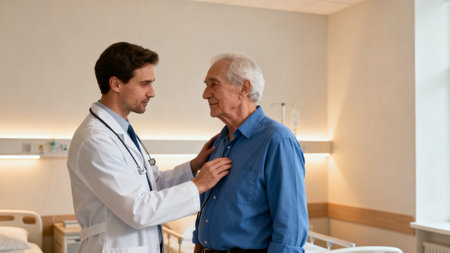 Doctor examining elderly patient in hospitalの素材