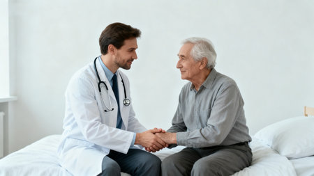 Doctor and elderly patient shaking handsの素材