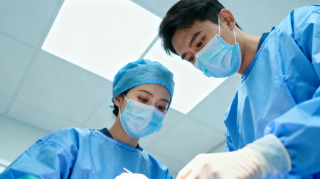 Medical professionals in surgical attireの素材