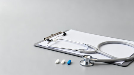 Medical stethoscope on clipboard with pillsの素材