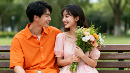 Happy asian couple sitting on bench and holding bouquet of flowersの素材