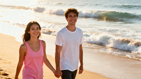 Smiling young couple holding hands and walking on sandy beach at sunsetの素材