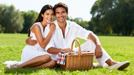 happy couple with picnic basket and smartphone sitting on green grass in parkの素材