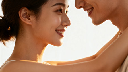 Close-up portrait of a happy young asian couple smiling at each otherの素材