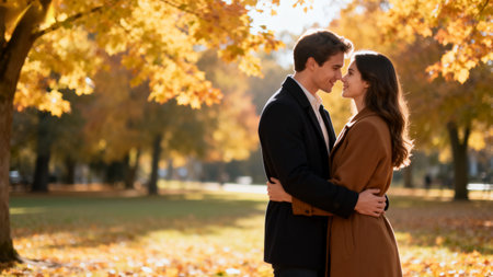 Young couple in love embracing in the autumn park. Beautiful nature background.の素材