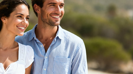 Portrait of a happy young couple smiling at each other on the beachの素材