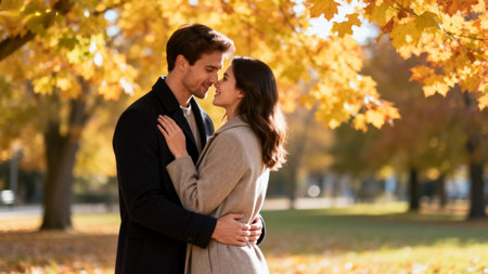 pregnant couple hugging in autumn park, closeup of photoの素材