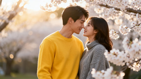 Happy asian couple standing in front of blooming cherry trees in springの素材