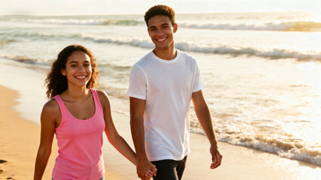 Portrait of happy young multiethnic couple holding hands and walking on beachの素材