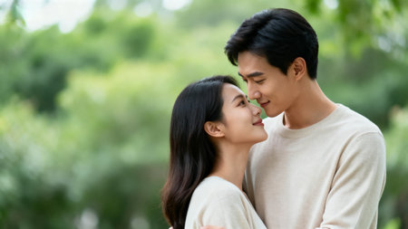 Happy asian couple embracing and kissing in the park. Love and romance concept.の素材