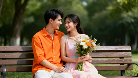 Young asian couple sitting on a bench in the park and holding flowersの素材