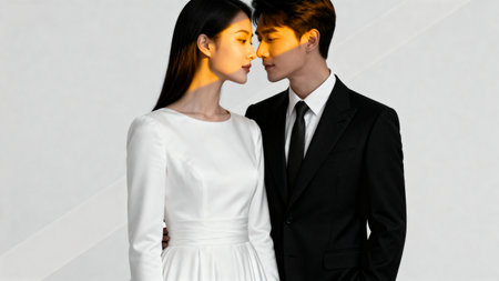 couple in love, man and woman looking at each other on white backgroundの素材