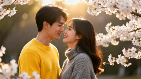 Happy asian couple in love walking in a blooming spring gardenの素材