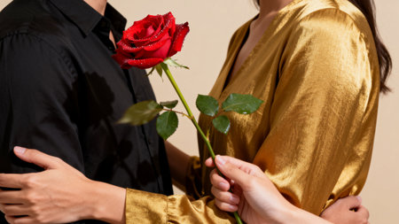 Close up of couple holding red rose on beige background with copy spaceの素材