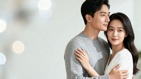 asian young couple embracing and looking at each other while standing at homeの素材