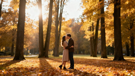 Beautiful couple in love walking in the autumn park at sunset.の素材