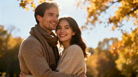 Young couple in autumn park. Smiling man and woman embracing each other.の素材