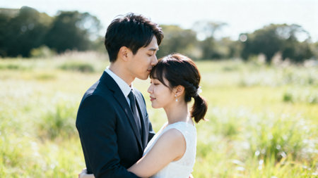 Wedding couple looking at each other in the grassland.の素材