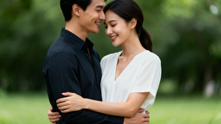 Happy asian couple embracing each other and smiling in the park.の素材