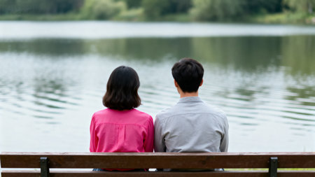 Young couple sitting on the bench in the park and looking at the lakeの素材