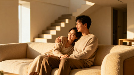 happy asian couple relax on sofa in living room at modern homeの素材
