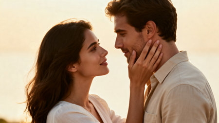 Image of young loving couple outdoors at the beach. Looking aside.の素材